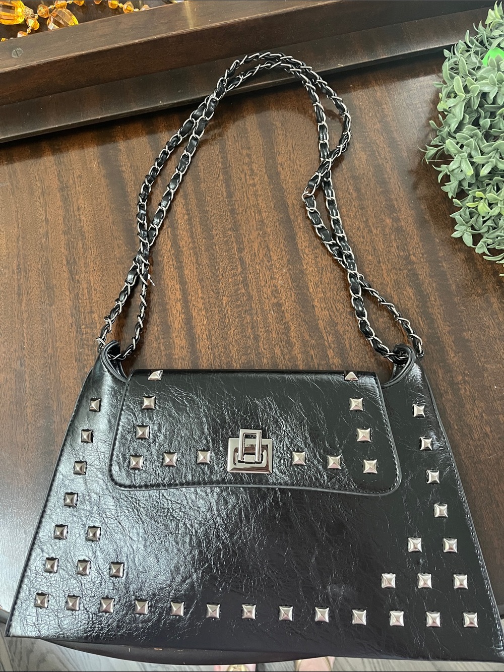 Source Unknown Black Studded Chain-Handle Shoulder Bag